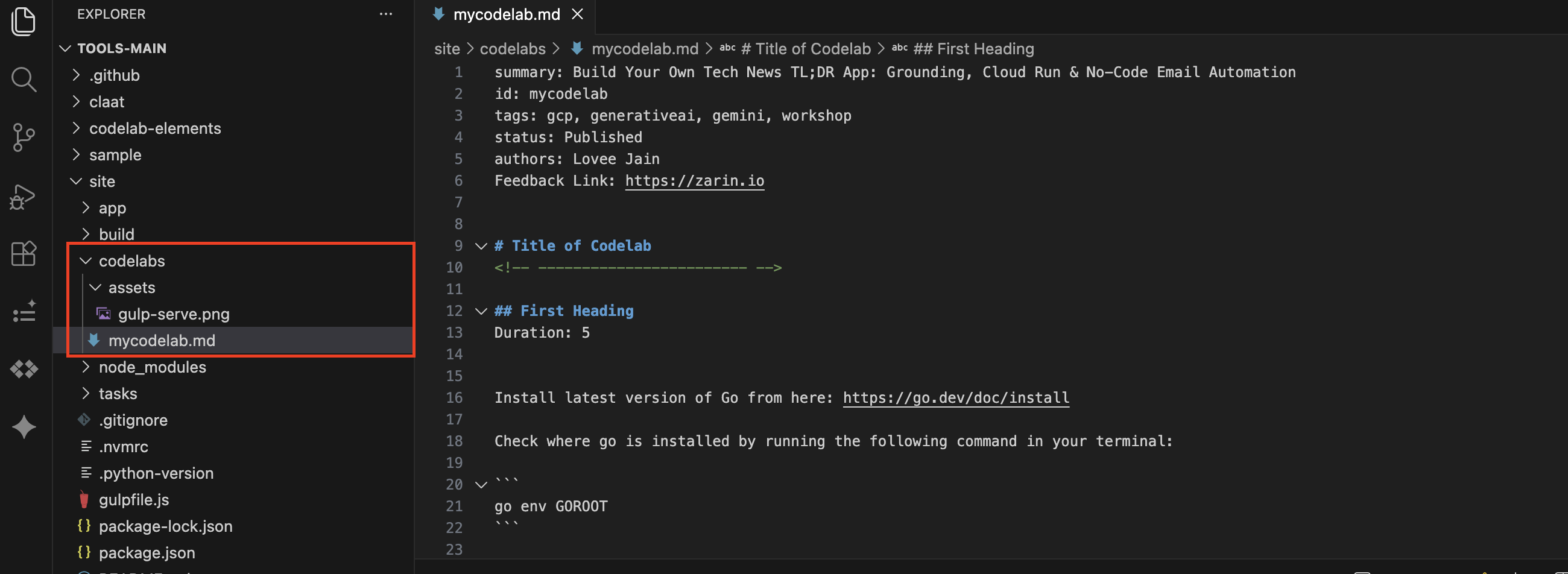 Add the codelab with .md